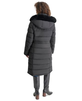 DKNY Women's Faux-Fur-Trim Hooded Bibbed Puffer Coat - Macy's