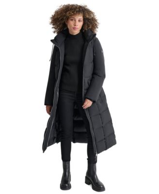 Womens Maxi Belted Hooded Puffer Coat