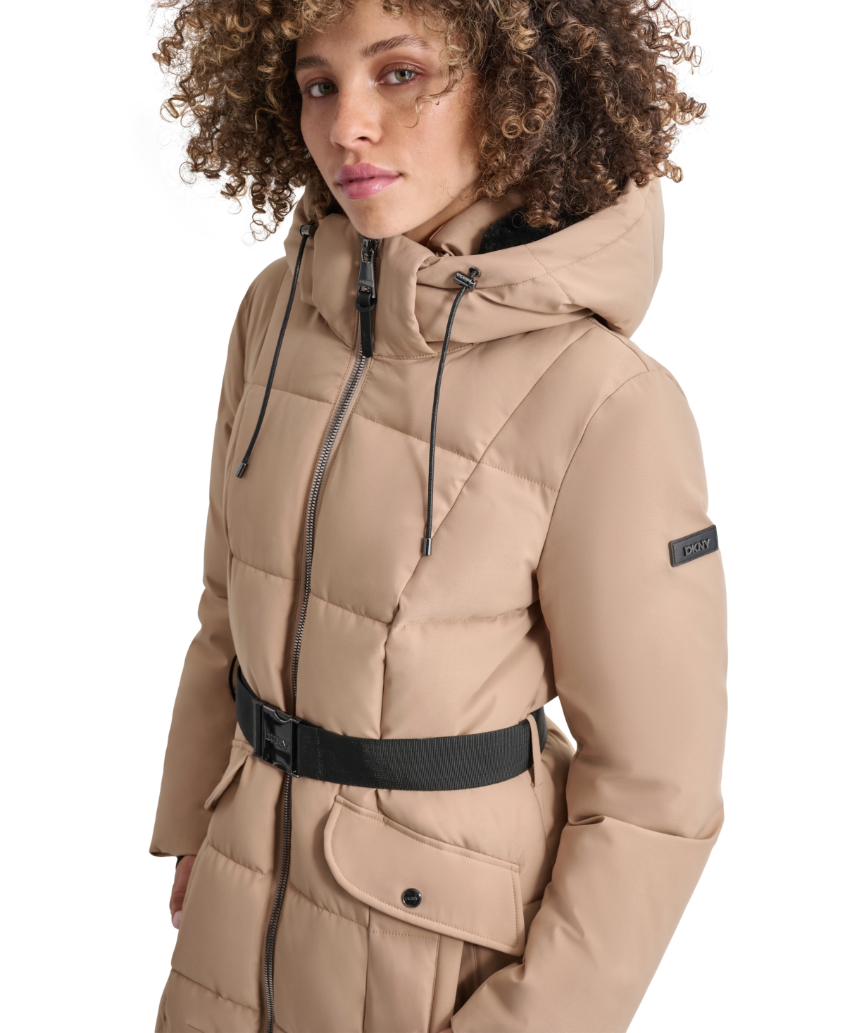 Shop Dkny Womens Maxi Belted Hooded Puffer Coat In Camel