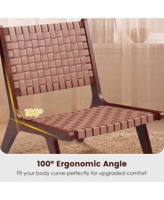 Woven Leather Accent Chair Mid Century Rubber Wood Armless Side Chair