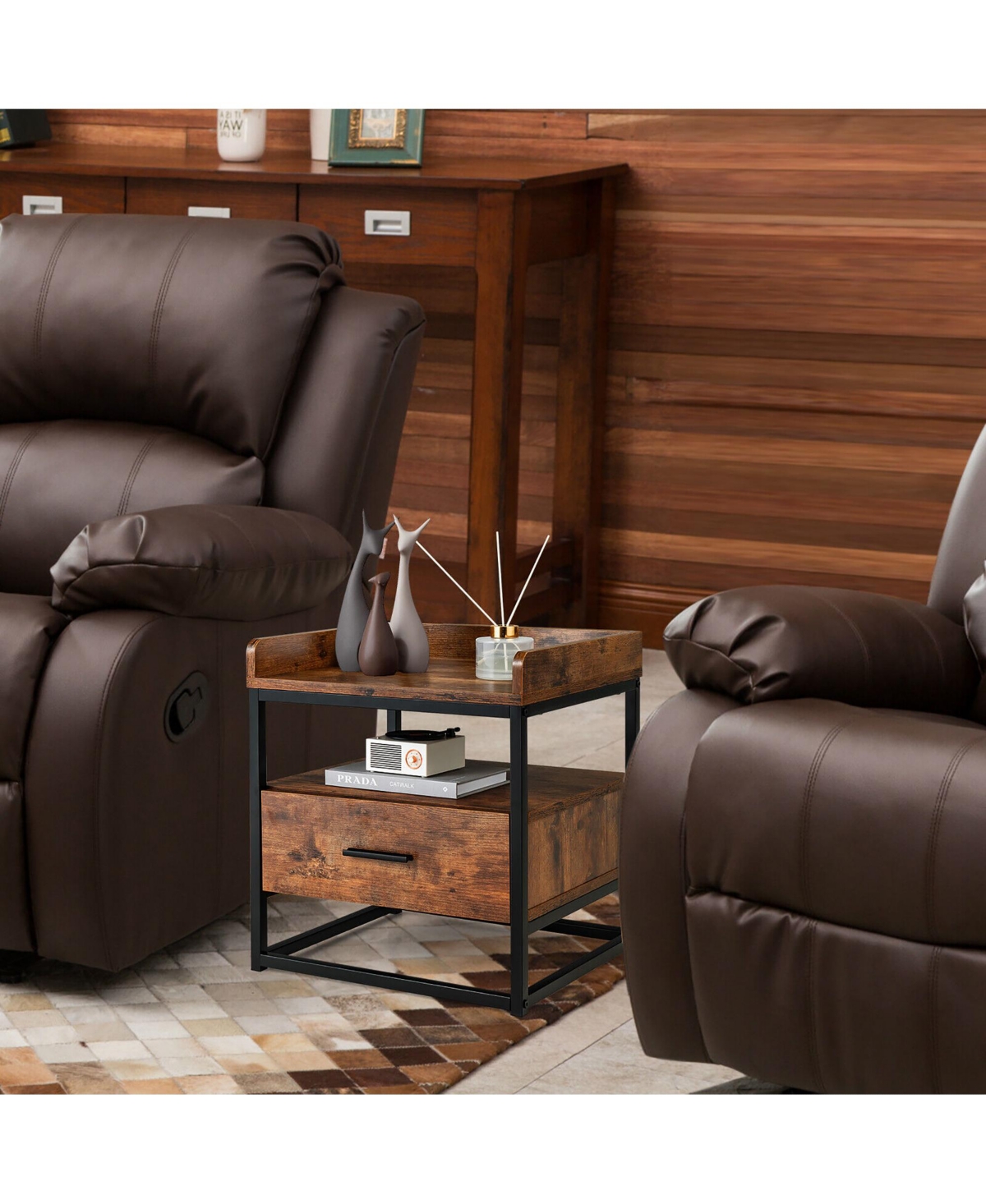 Gymax Nightstand Side End Sofa Table w/ Drawer Metal Frame for Living Room Bedroom