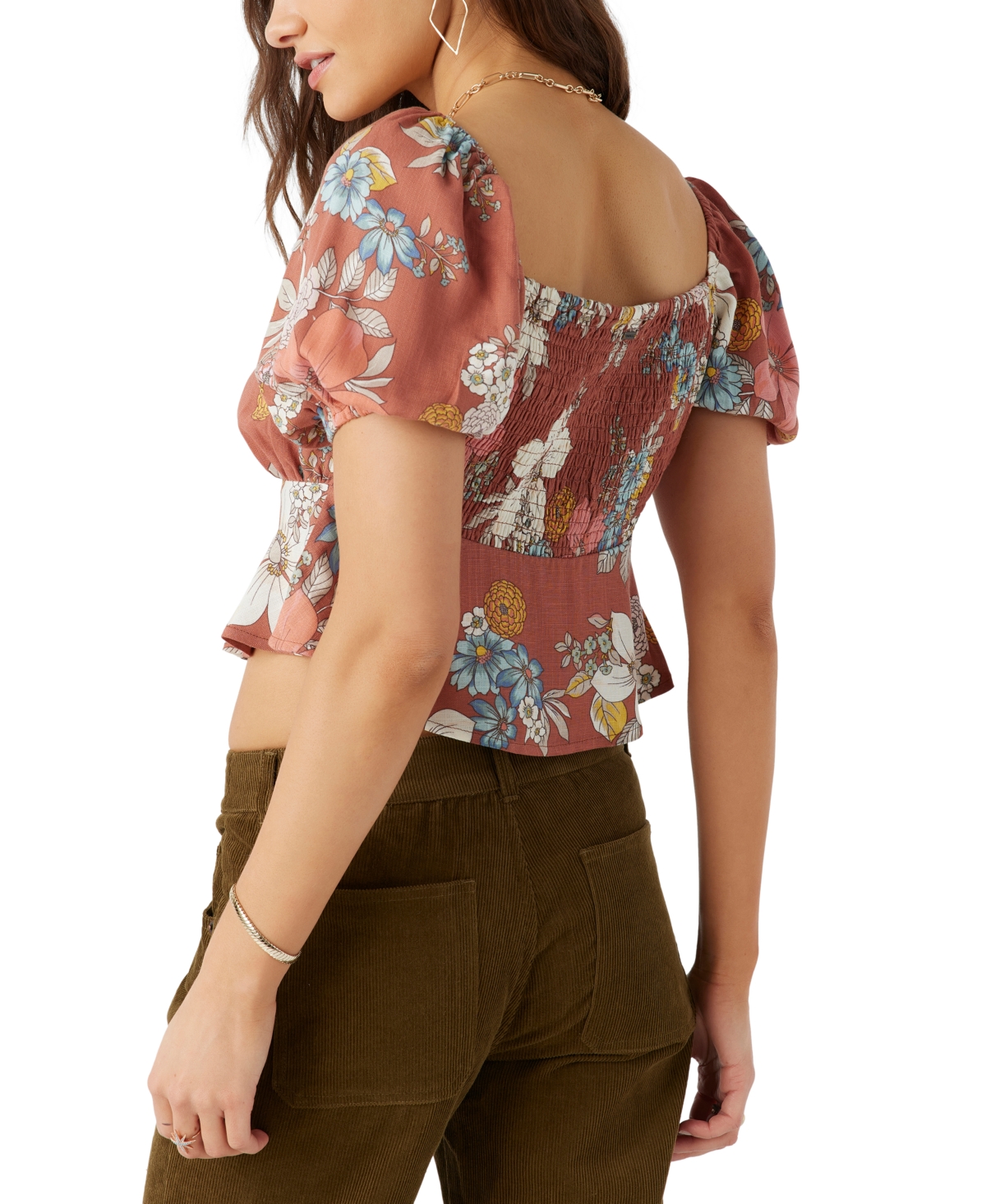 Shop O'neill Juniors' Autumn Floral-print Cropped Puffed-sleeve Top In Cedar Wood