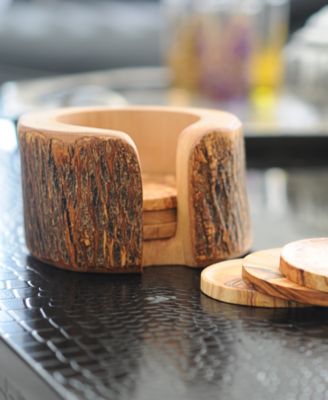 Olive Wood Rustic Coaster Set of 8 with Holder