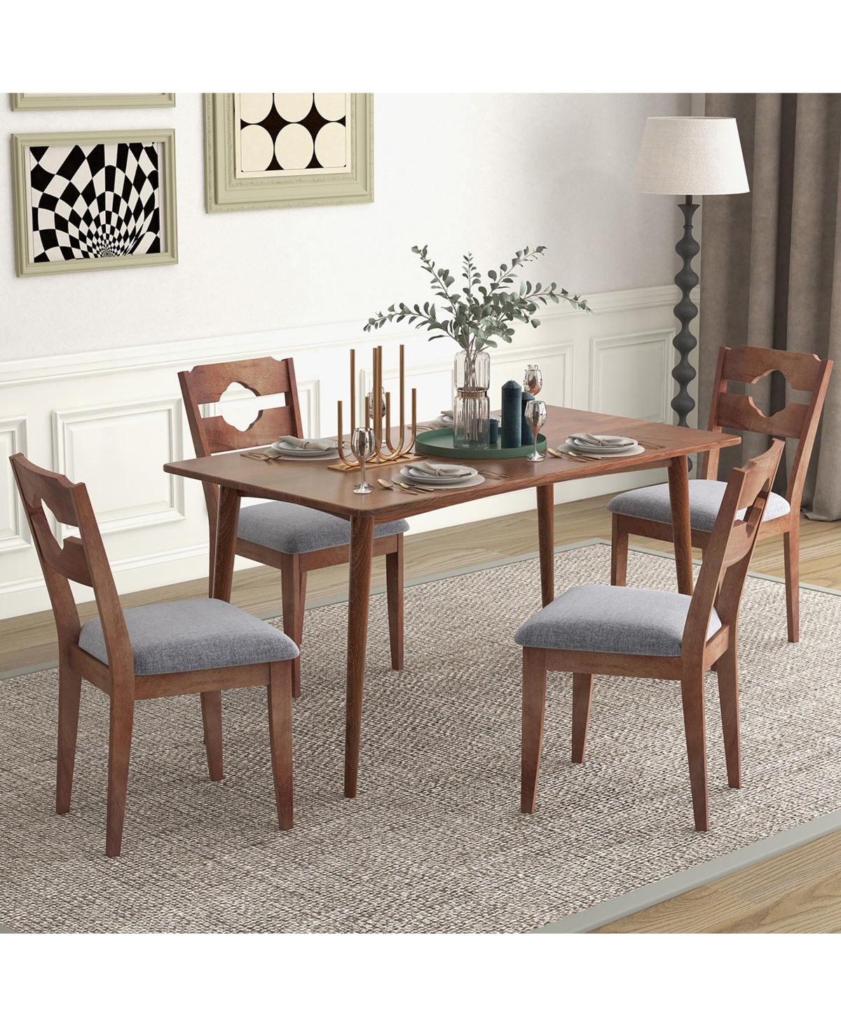 Gymax Set of 4 Dining Chair w/ Padded Seat High Back Rubber Wood Frame Kitchen Chairs - Brown+grey