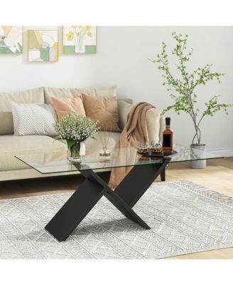 47'' Rectangle Glass Coffee Table w/ Tempered Glass Tabletop & Geometric