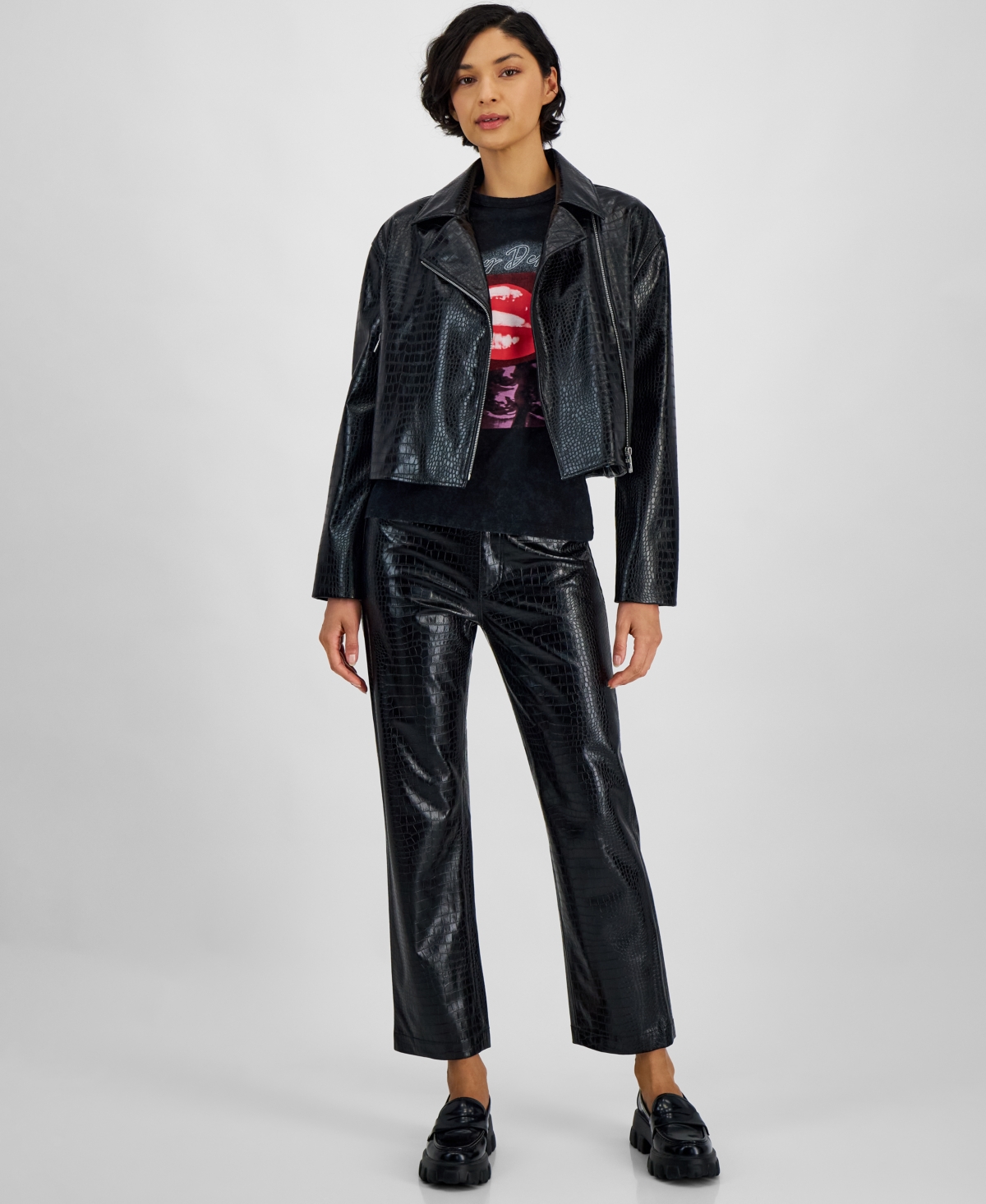 Women's Croc-Embossed Faux-Leather Moto Jacket - Black