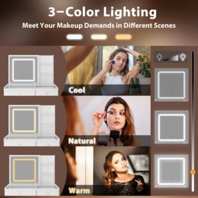 White Wood Makeup Vanity Set Dressing Desk with Glass Top