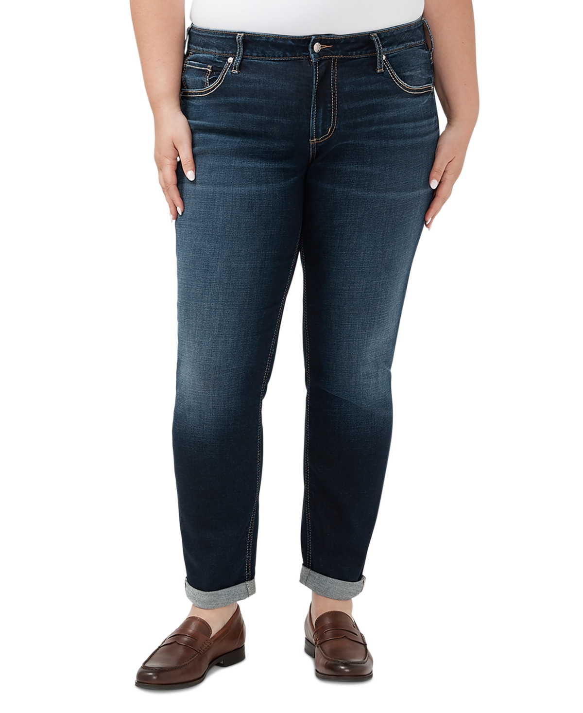 Shop Silver Jeans Co. Plus Size Mid Rise Slim Leg Cuffed Boyfriend Jeans In Indigo