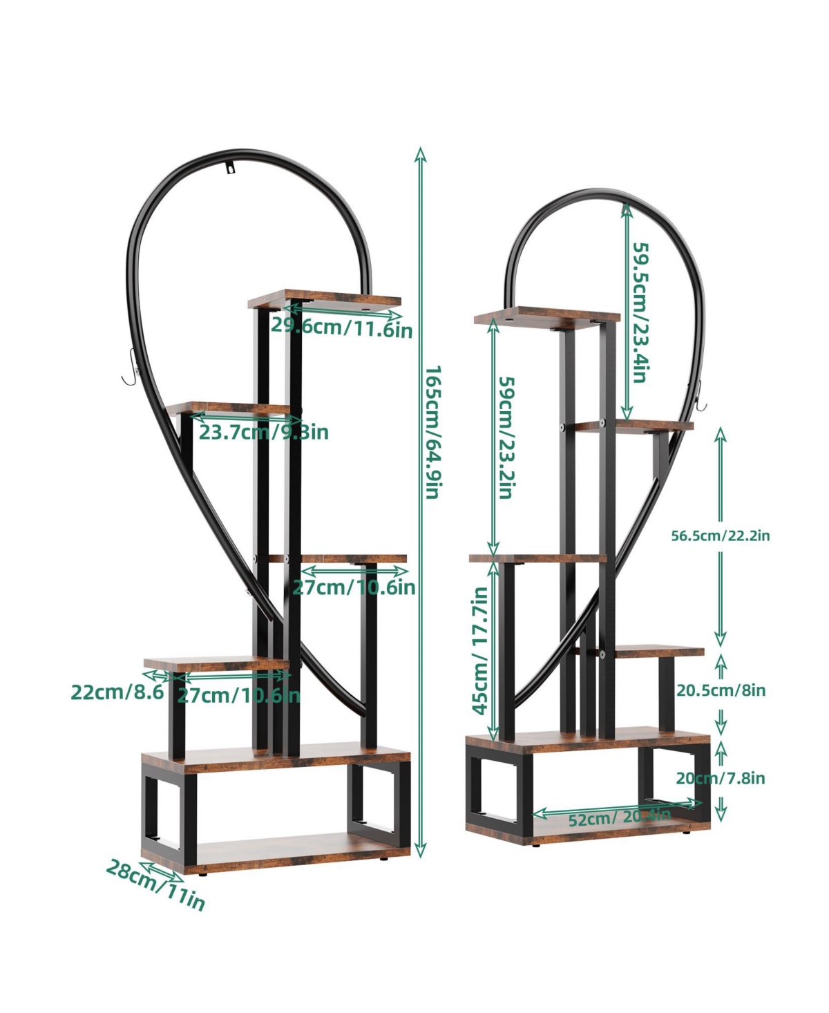 Unho 2 Pack Half Heart Shaped Ladder Planter Pot Holder Multilayer Display Shelf - Black  brown