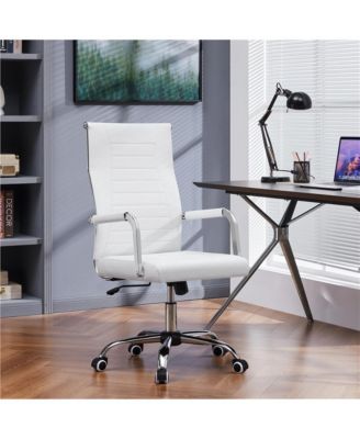 360° Swivel Mid-back Modern Faux Leather Office Desk Chair with Chrome-plated Metal Base and Covered Armrests, White