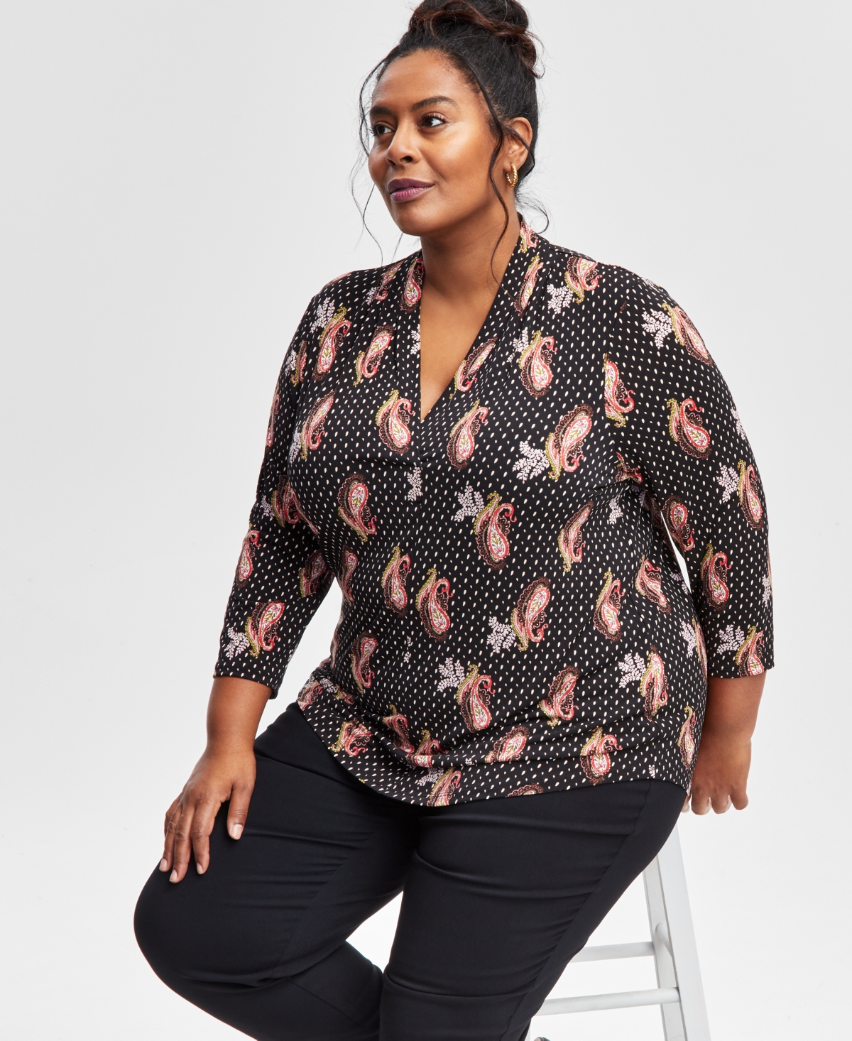 Jm Collection Plus Size Printed V-Neck 3/4-Sleeve Top, Exclusively at Macy's