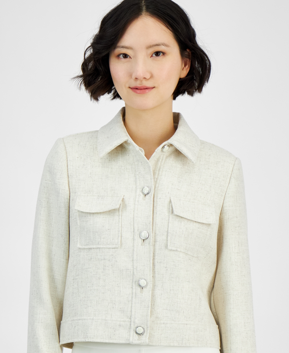 Tahari Asl Women's Cropped Button-front Tweed Jacket In Ecru
