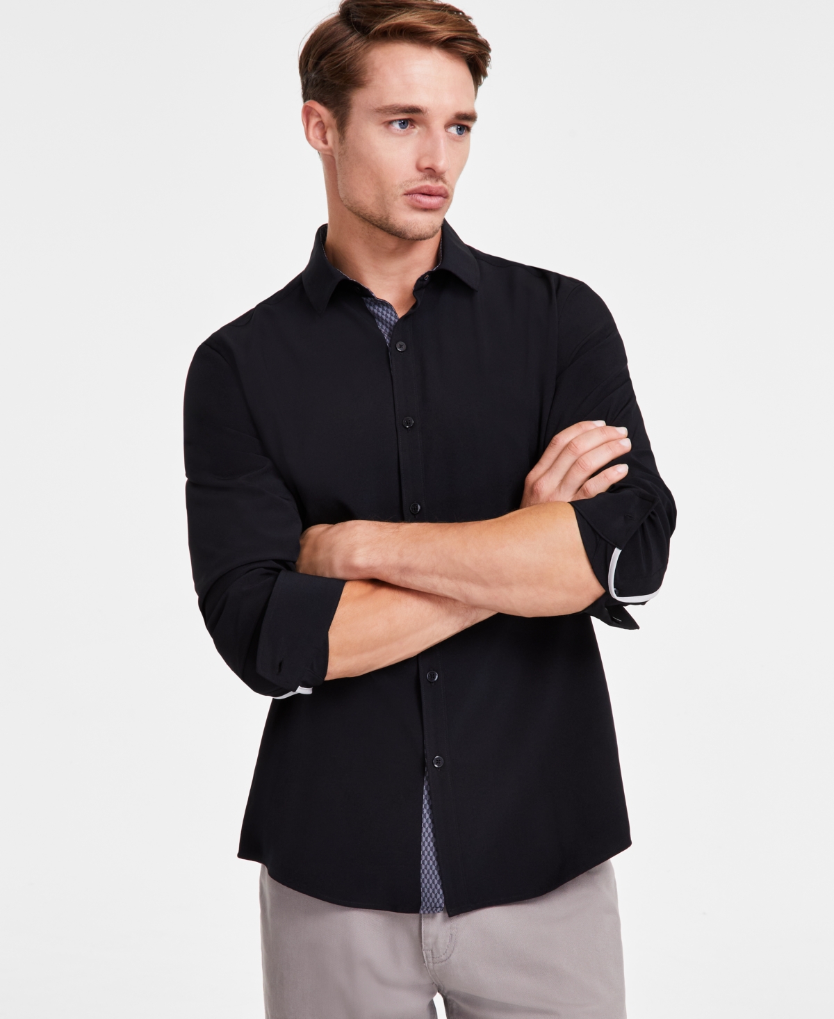 Alfani Men's Alfatech Regular-fit Performance Stretch Button-down Shirt, Exclusively At Macy's In Deep Black