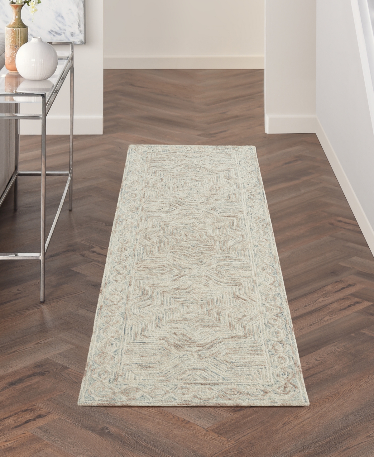 Nourison Home Interlock Itl03 2'3"x7'6" Runner Area Rug In Blue,ivory
