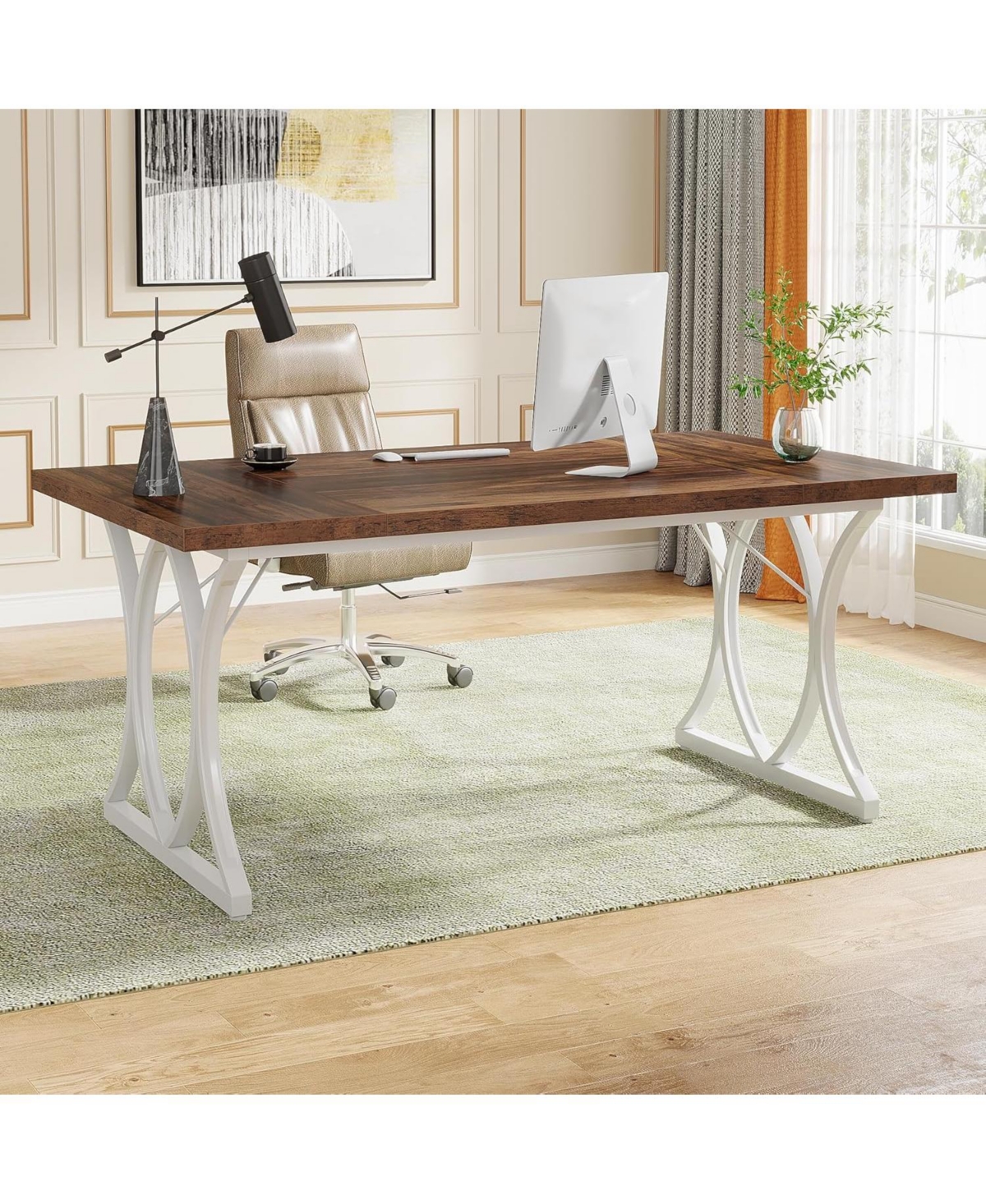 Tribesigns 63 x31W x 30 H Executive Desk, Farmhouse Wood Computer Desk, Large Home Offcie Table with Metal Frame, Long Table - Rustic brown and whit