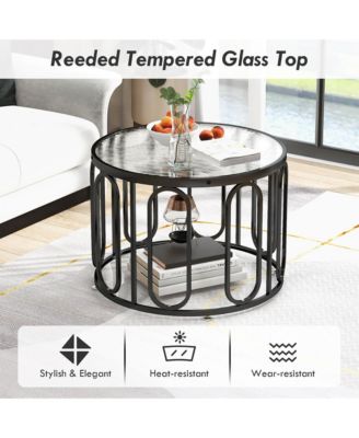 2-Tier 24'' Round Coffee Table w/ Oval Swivel Brackets & Reeded Tempered Glass Gold