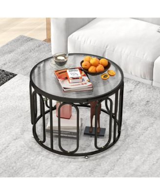 2-Tier 24'' Round Coffee Table w/ Oval Swivel Brackets & Reeded Tempered Glass Gold