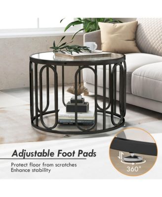 2-Tier 24'' Round Coffee Table w/ Oval Swivel Brackets & Reeded Tempered Glass Gold