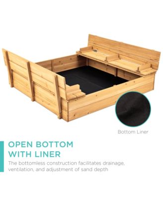 47x47-Inch Kids Wooden Outdoor Sandbox w/ 2 Foldable Bench Seats, Sand Protection, Liner