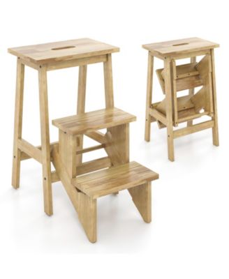 3-in-1 Rubber Wood Convenient Handle Step Stool