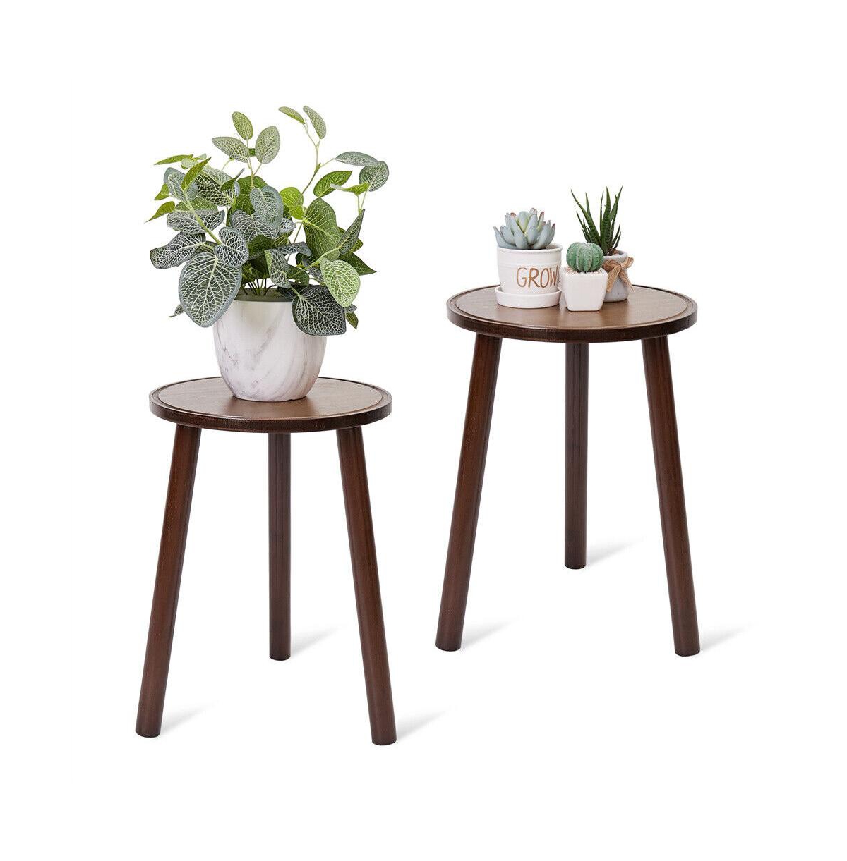 2 Pack Small Round Side Table Mid Century Tripod Plant Holder 16.5in Tall for Home Decor - Brown