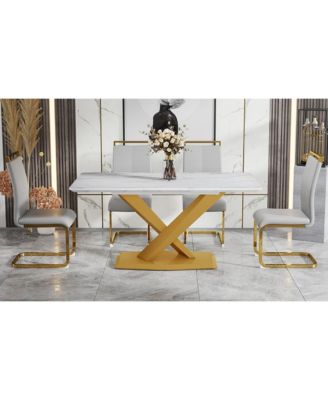 Table and chair set, The table is equipped with a marble patterned MDF tabletop and gold table legs.The chair is equipped with PU synthetic leather high back cushion and gold coated metal legs.