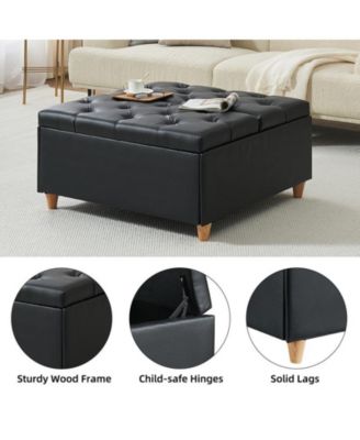 Ottoman Coffee Table with Lift Top,Faux Leather Fabric Tufted Upholstered Ottoman with Storage, Large Square Storage Ottoman Bench for Bedroom, Living Room(Leather, Black)