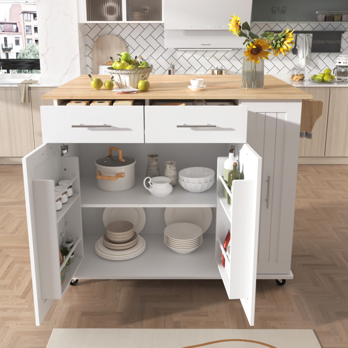 Streamdale Rolling Kitchen Island Cart with Storage Cabinet & Towel Rack