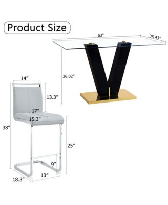 Table and chair set. A rectangular glass dining table with a 0.4-inch tempered glass tabletop and MDF board V-shaped bracket, paired with chairs consisting of PU seat cushions and silver metal legs.