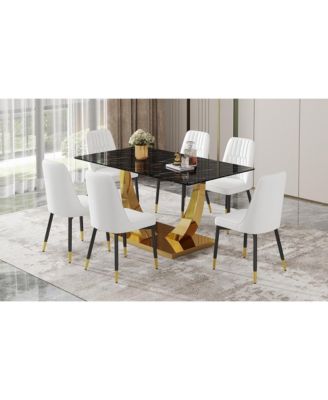 Table and chair set.Modern rectangular dining table with black textured stickers glass tabletop and gold plated metal legs.Paired with 6 comfortable chairs with PU seats and black metal legs.