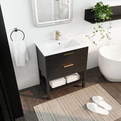 Freestanding 30" Bathroom Vanity with Golden Handle and Ceramic Sink