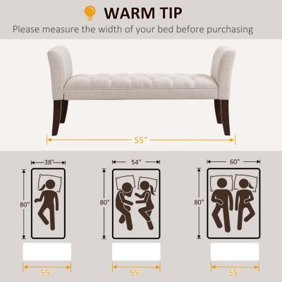 End of Bed Bench with Button Tufted Design, Upholstered Bedroom Entryway Bench with Arms and Solid Wood Legs for Bedroom, Beige