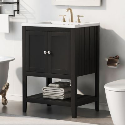 24" Black Modern Sleek Bathroom Vanity Elegant Ceramic Sink with Solid Wood Frame Open Style Shelf