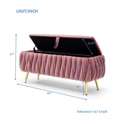 Oval Storage Bench with Gold Legs, Velvet Fabric Upholstered Ottoman Storage Benches for Bedroom End of Bed, Sherpa Fabric Bench for Living Room, Dining Room, Entryway, Bed Side, Dark Pink,5 colors