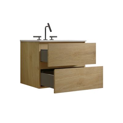 24" Oak Bathroom Vanity Wall Mount, Ceramic Sink, Storage