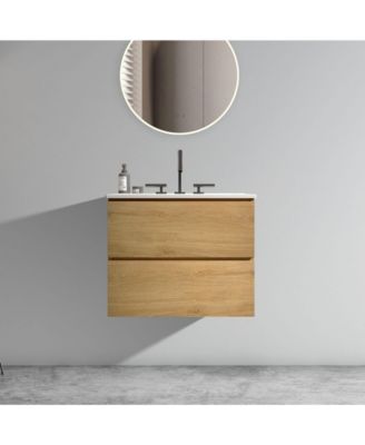  24" Oak Bathroom Vanity Wall Mount, Ceramic Sink, Storage