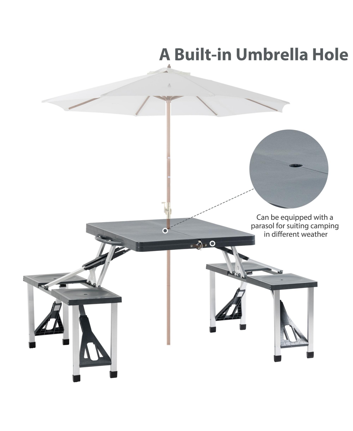 Streamdale Furniture Folding Picnic Table with Seats and Umbrella Hole, Portable Camping Chairs Set, 4-Seat, Aluminum Frame, Dark Gray