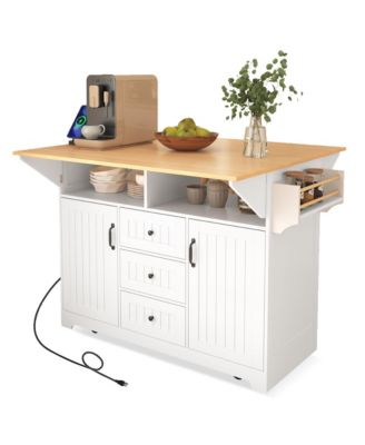 CARB-Certified MDF Drop Leaf, Power Outlet, 3 Drawers, 2 Cabinets, Waterproof Finish Multifunctional Kitchen Island