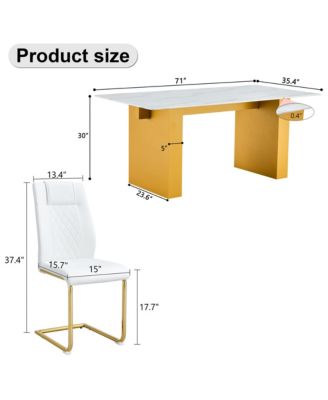 Table and chair set.Large modern rectangular table with 0.4 inch patterned glass tabletop and large MDF table legs.Comes with 8 chairs with faux leather cushioned seats and golden metal legs.