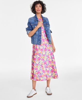 On 34th Women s Denim Trucker Jacket Floral Midi Dress Drop Earrings and Low Top Sneakers Created for Macy s Macy s