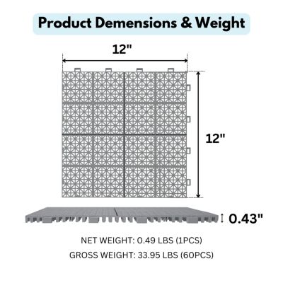 12 x 12 Inch Gray Interlocking Deck Tiles Plastic Waterproof Outdoor All Weather Anti-slip Bathroom Shower Balcony Porch Strong Weight Capacity Upto 6613 LBS, Rosette Pattern Pack of 60