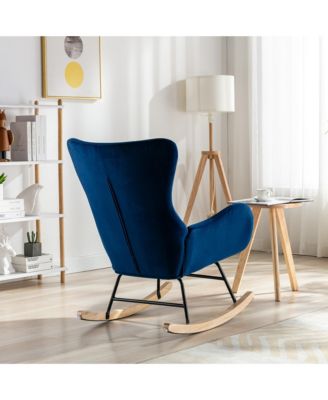 Velvet Fabric Padded Seat Rocking Chair With High Backrest And Armrests
