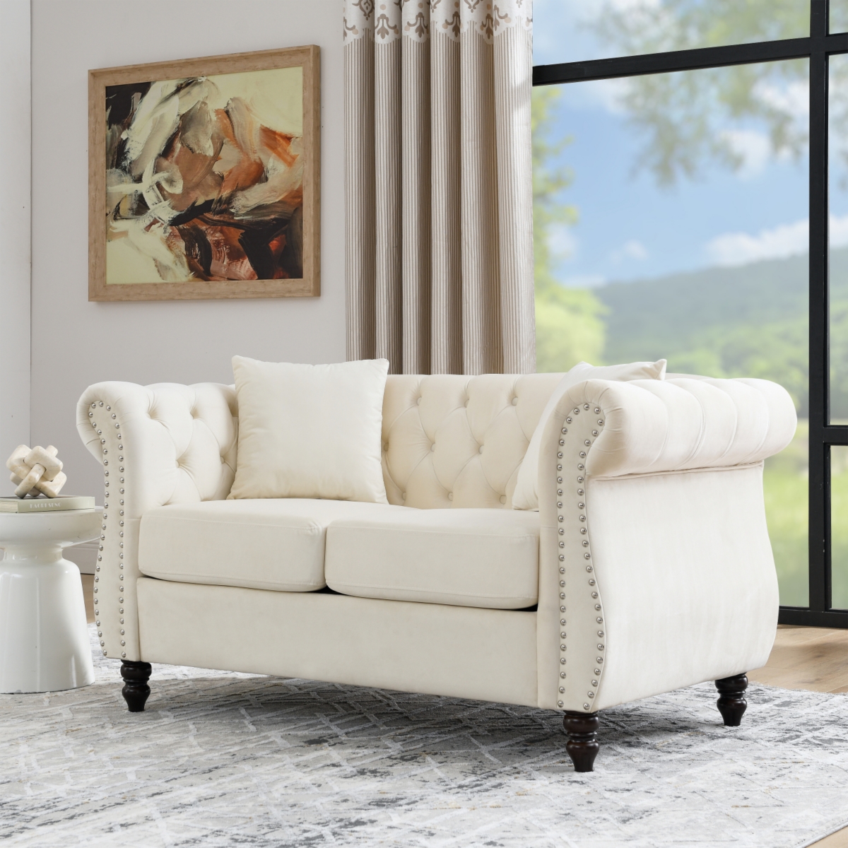 Streamdale Furniture 58.8" Chesterfield Sofa Beige Velvet for Living Room, 2 Seater Sofa Tufted Couch with Rolled Arms and Nailhead for Living Room, B