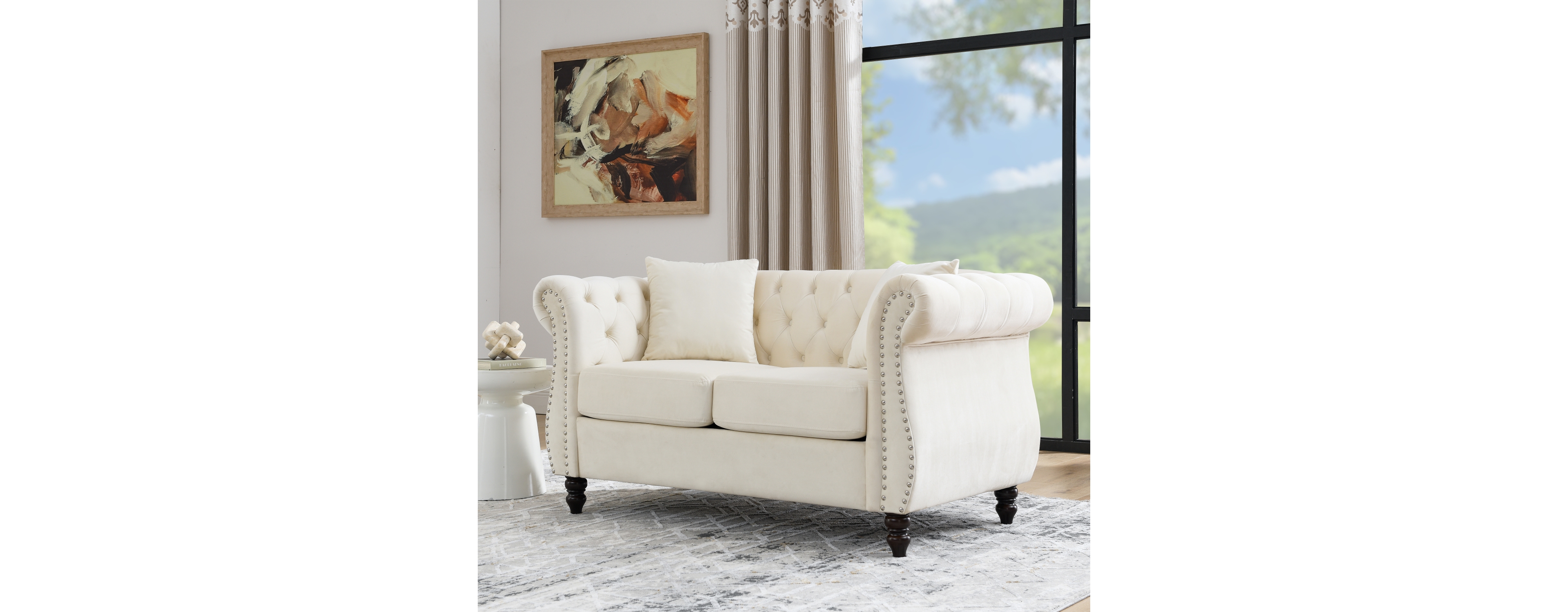 Streamdale Furniture 58.8" Chesterfield Sofa Beige Velvet for Living Room, 2 Seater Sofa Tufted Couch with Rolled Arms and Nailhead for Living Room, B