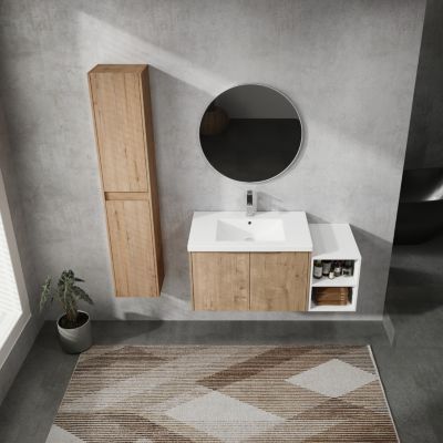 2-Pc Plywood Wall-Mount Vanity with Resin Sink, Soft-Close Doors & Side Cabinet