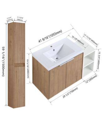 2-Pc Plywood Wall-Mount Vanity with Resin Sink, Soft-Close Doors & Side Cabinet