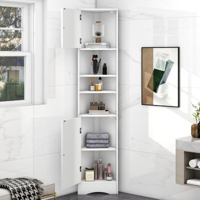 Multi-Functional Corner Cabinet Tall Bathroom Storage Cabinet with Two Doors and Adjustable Shelves, Open