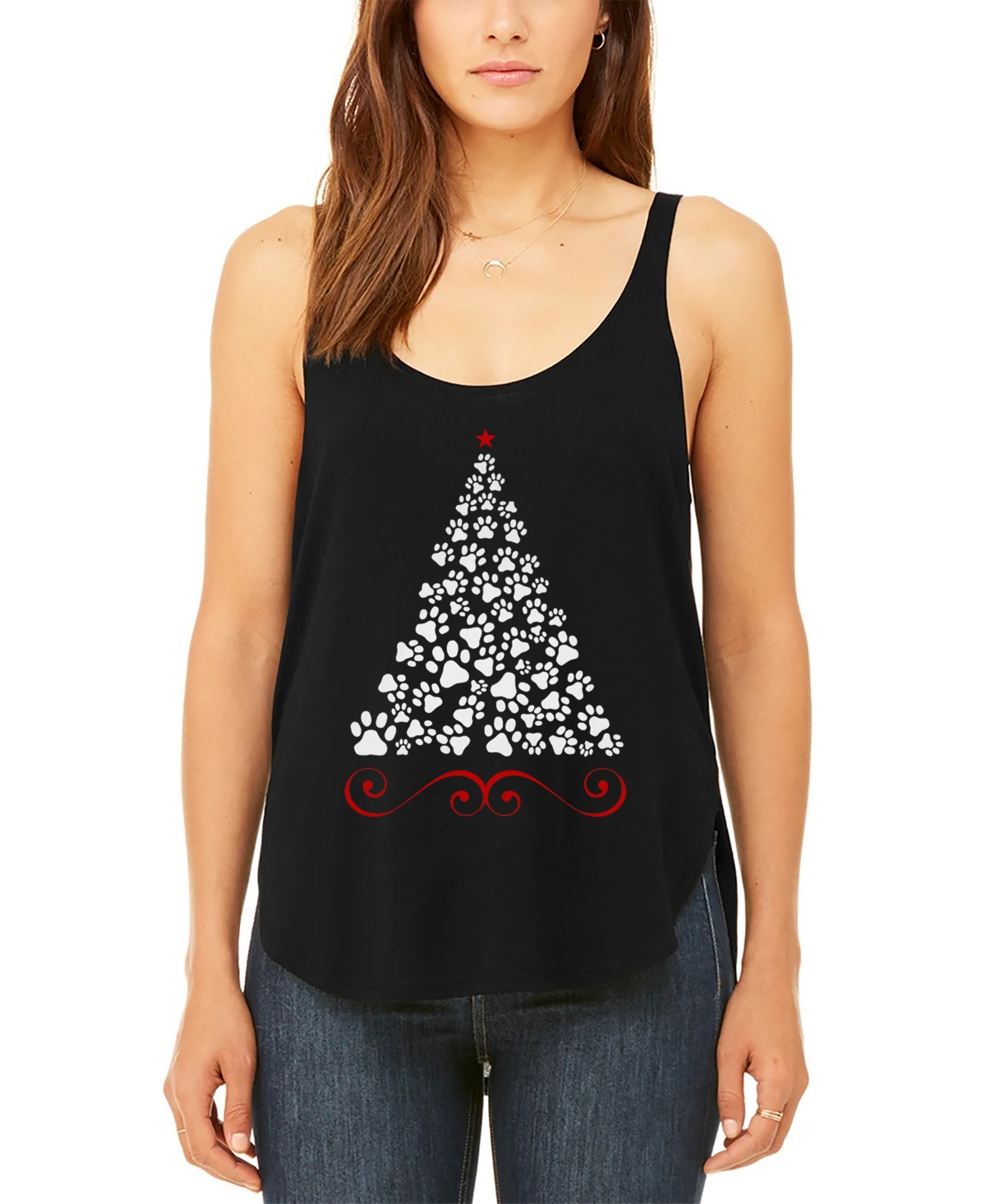 La Pop Art Women's Paw Christmas Tree Premium Word Art Flowy Tank Top - Black