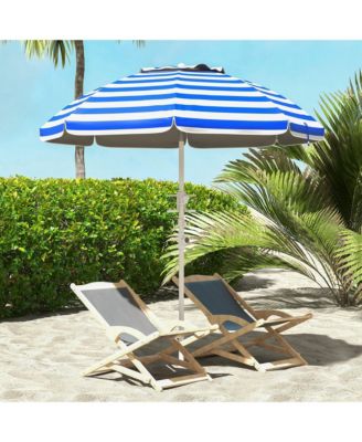 5.7' Portable Beach Umbrella with Tilt, Adjustable Height, 2 Cup Holders & Hooks, UV 40+ Ruffled Outdoor Umbrella with Vented Canopy, Blue White Stripe