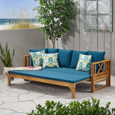 Rustic Acacia Wood Expandable Daybed With Water-Resistant Cushions